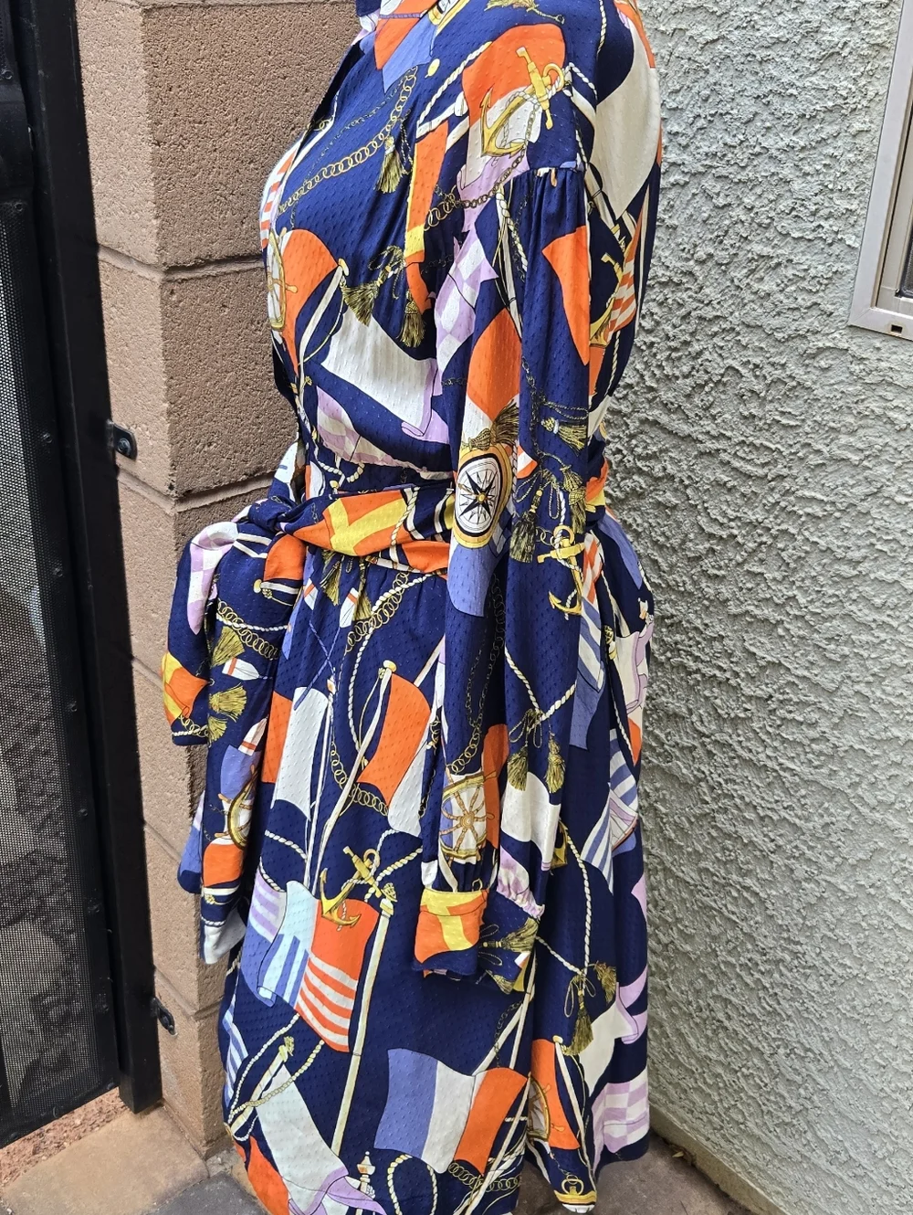 Anthropologie Maeve Nautical Navy Printed Long-Sleeve Wrap Dress Blue Flag Sail - Picture 7 of 12
